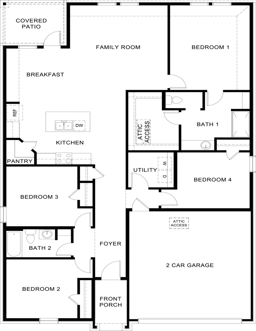 Texas Cali floor plan drawing: 4 bedrooms, 2 baths, 1,858 square feet