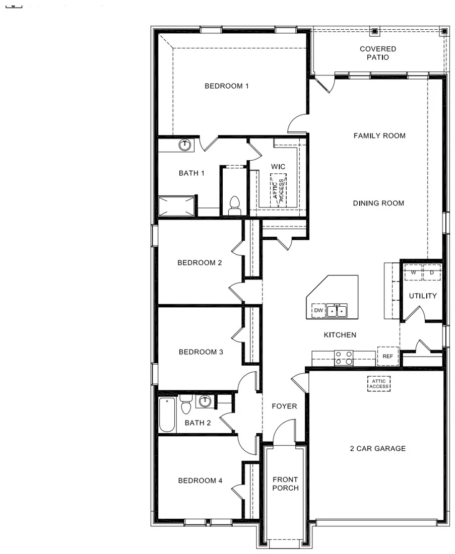 Kingston floor plan drawing: 4 bedrooms, 2 baths, 2,107 square feet